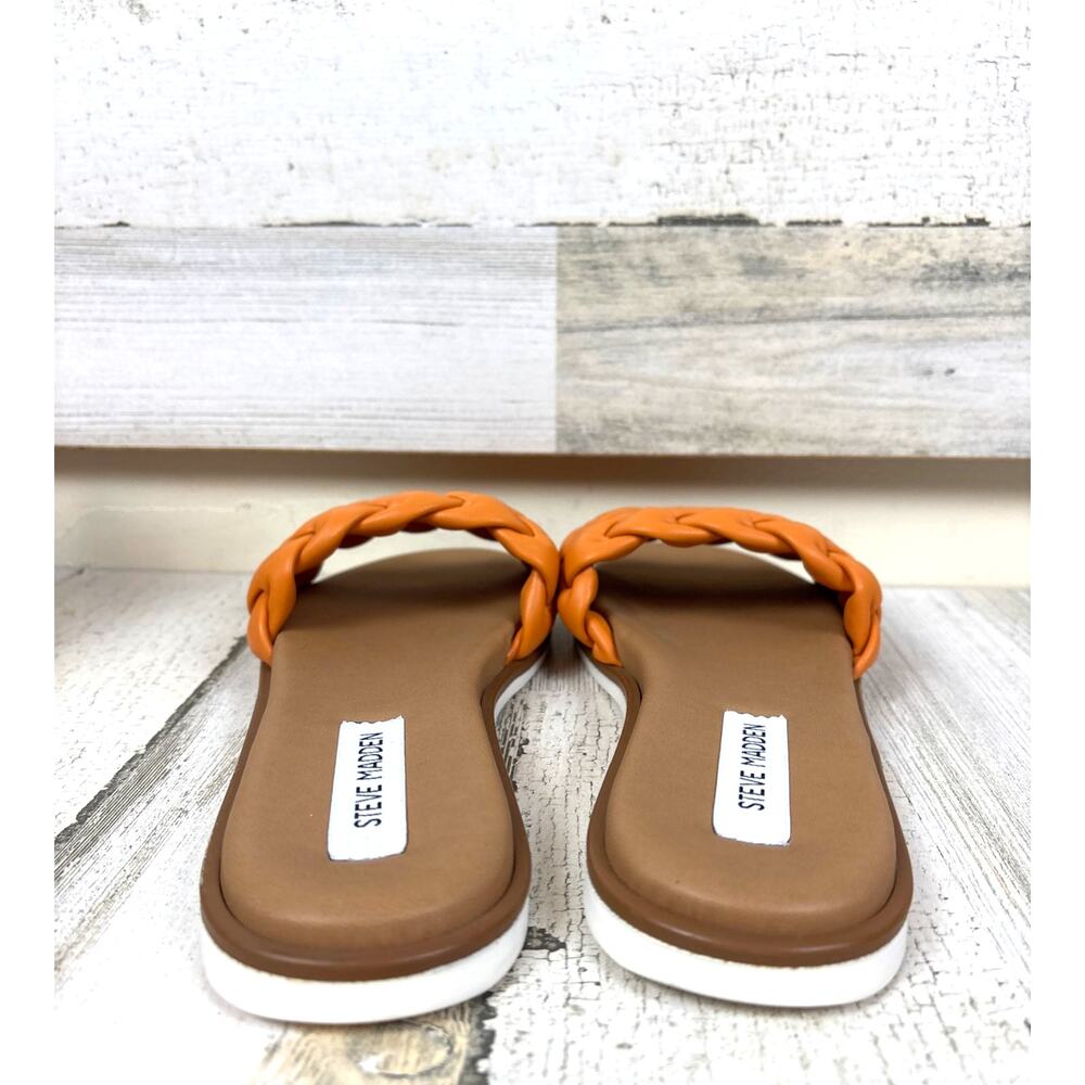 Steve Madden Women 9 Orange Paislee Braided Faux Leather Flat Slip On Sandal NEW - Picture 3 of 8